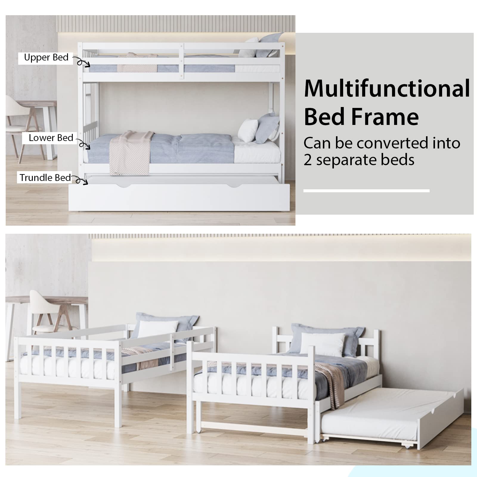 KOMFOTT Twin Over Full Bunk Bed with Trundle,  Extendable Twin/Full/Queen/King Bunk Bed