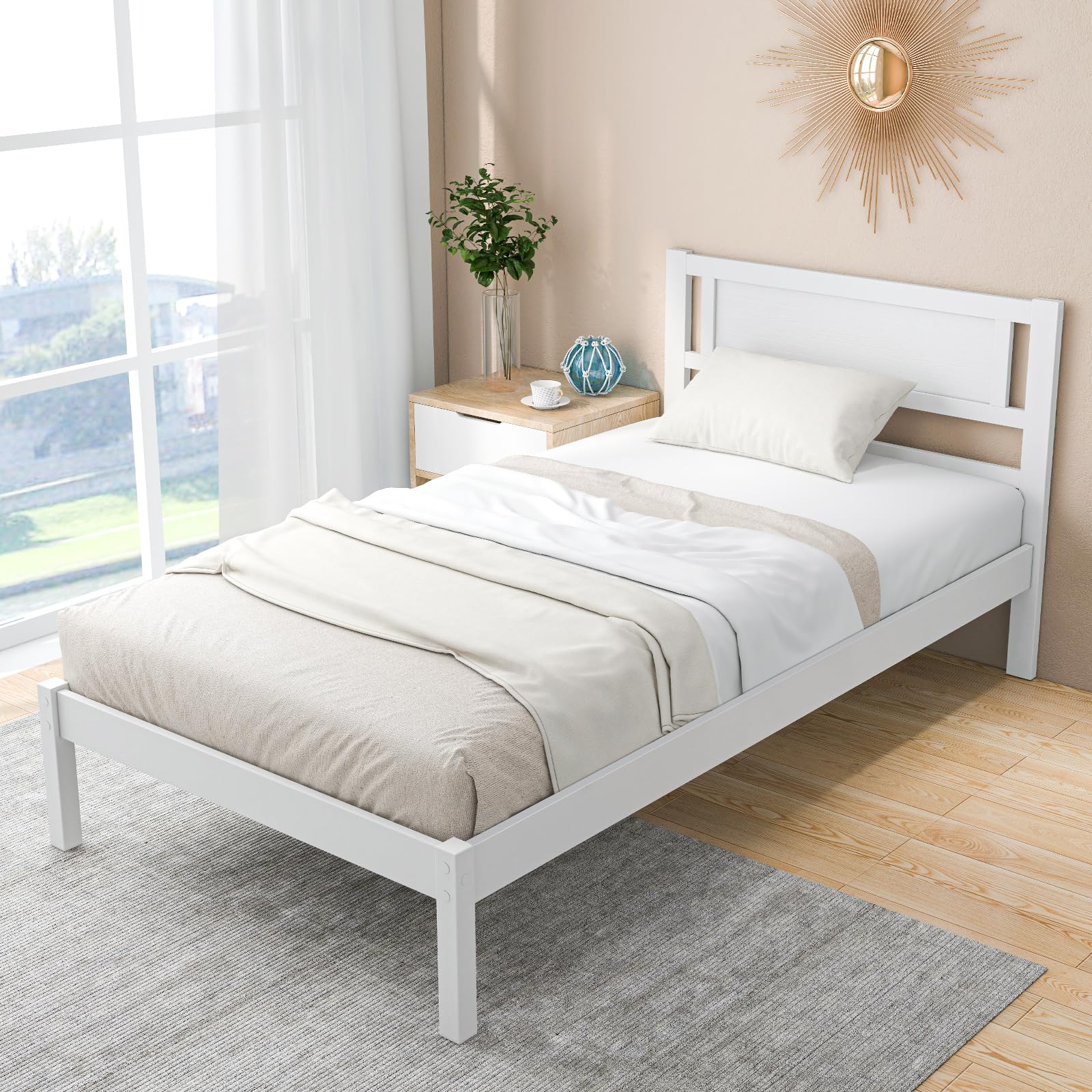 KOMFOTT Wood Platform Bed Frame with Headboard