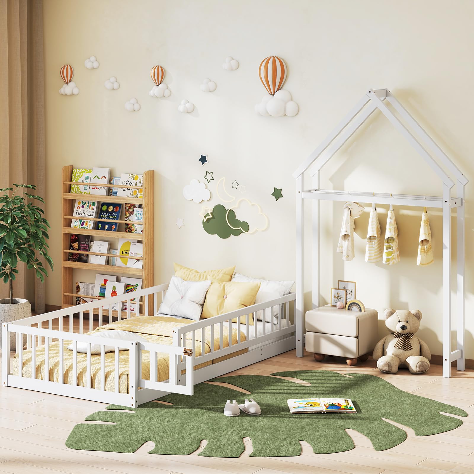KOMFOTT Twin Size Floor Bed with House-Shaped Headboard（Twin with Headboard）