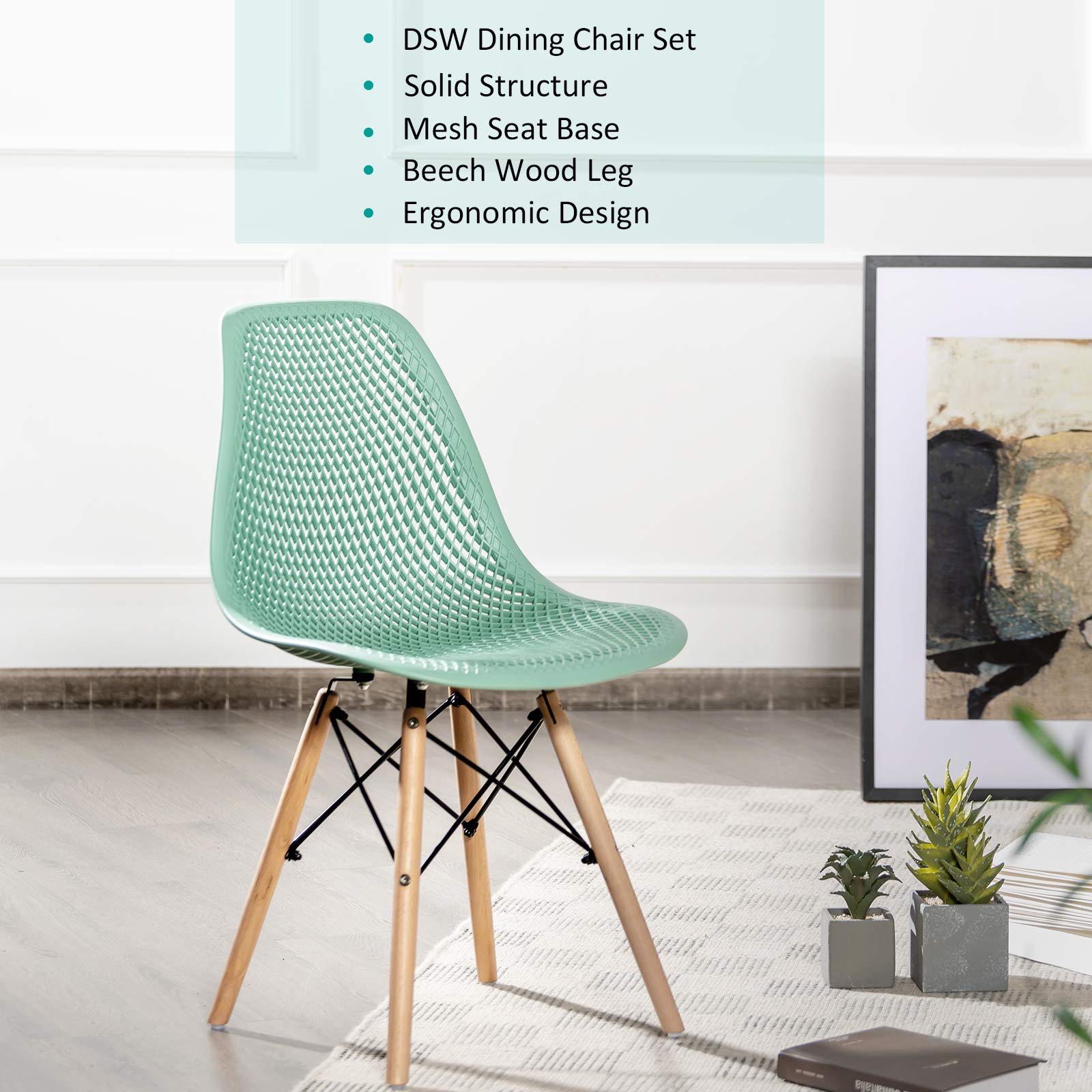 KOMFOTT Set of 2/4 Modern Dining Chairs, Outdoor Indoor Shell PP Lounge Side Chairs with Mesh Design, Beech Wood Legs