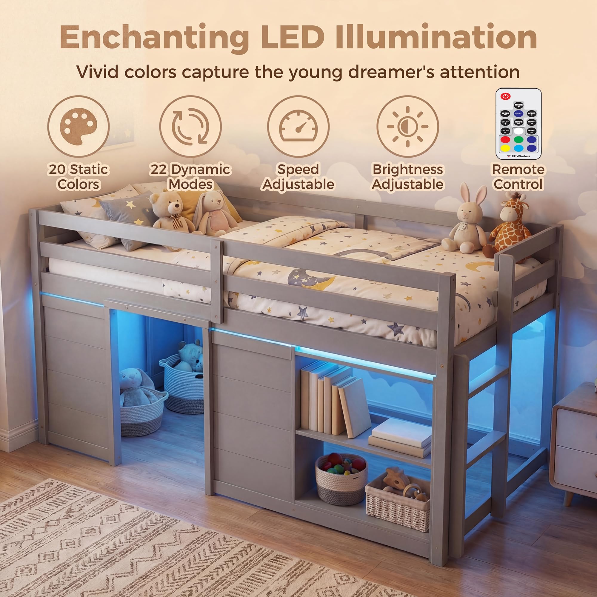 KOMFOTT Twin Low Loft Bed with LED Lights & 2 Doors, Under-Bed Play Space & Storage Bookcase