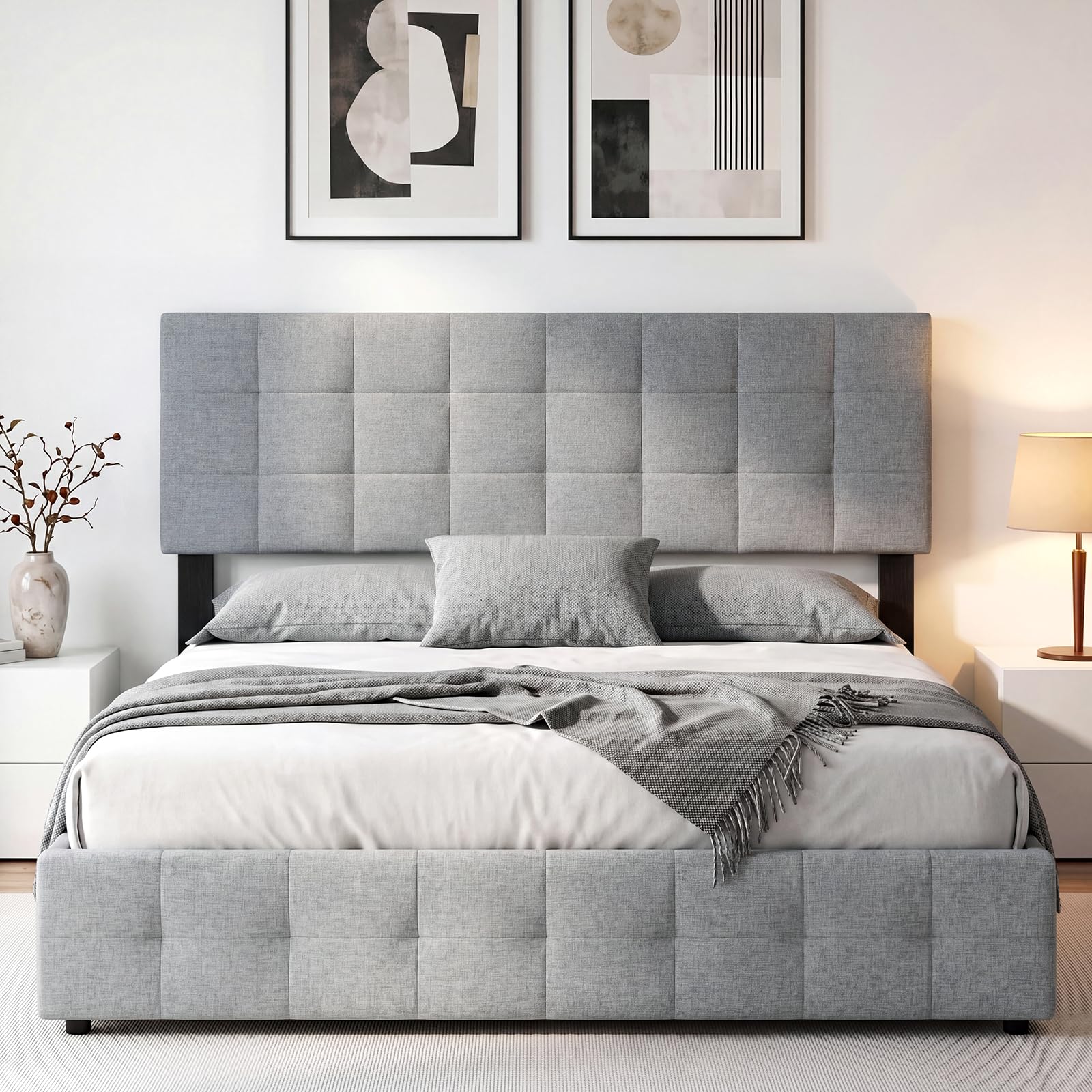 KOMFOTT Linen Upholstered Headboard for Full & Queen Size Bed(Quadrate Channel Tufted)
