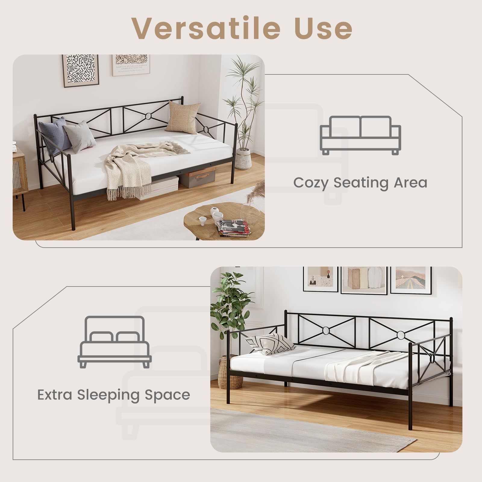 KOMFOTT Twin Size Metal Daybed, Multifunctional Sofa Guest Bed with Headboard