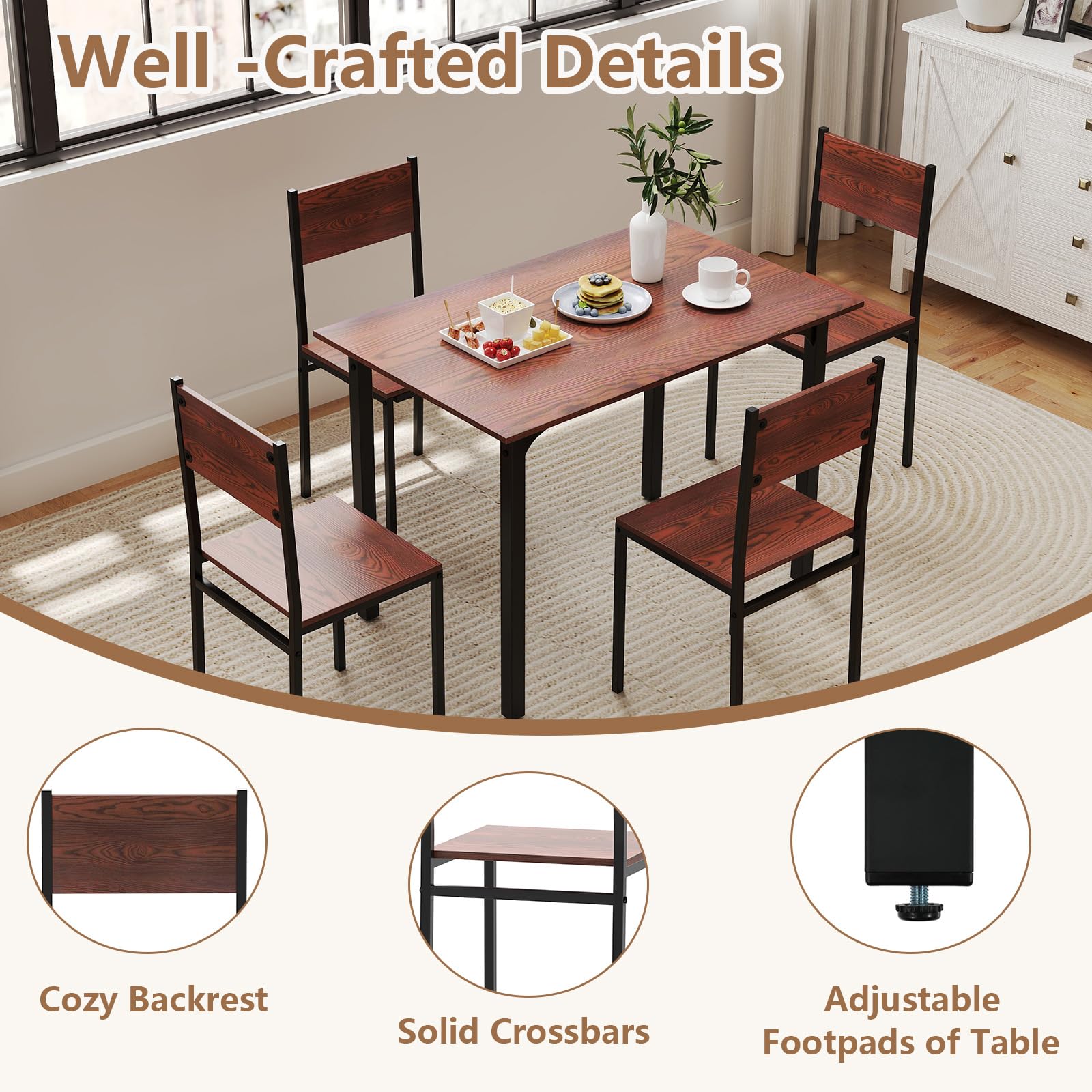 KOMFOTT 5-Piece Dining Table Set, Industrial Kitchen Table and Chairs for 4 with Backrest and Metal Frame