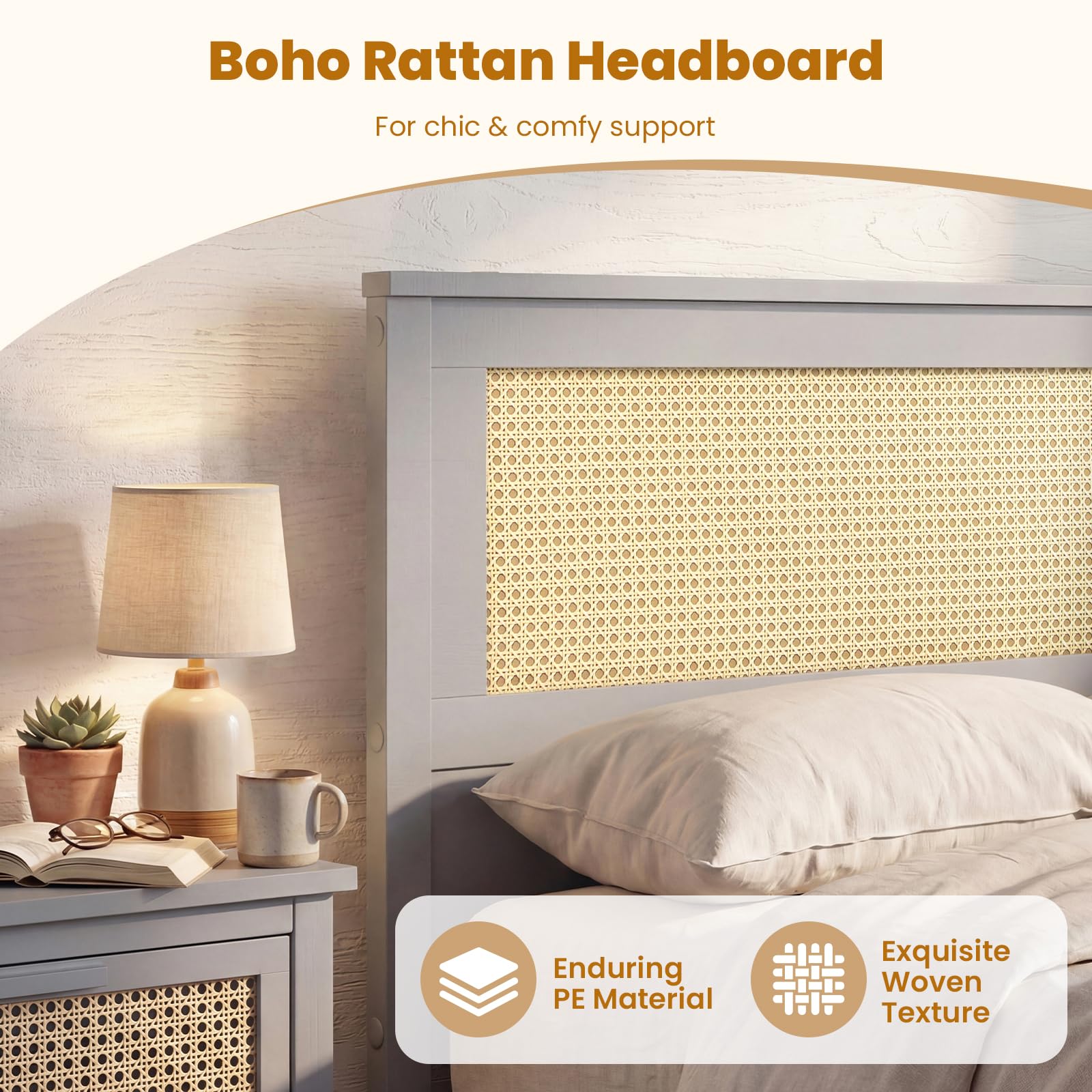 KOMFOTT Rattan Bed Frame with 2 Storage Drawers