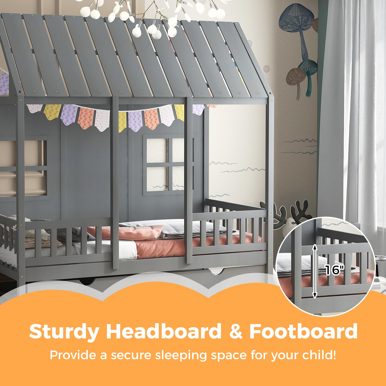 KOMFOTT Twin Size House Bed with Trundle Wood Kid’s House Bed Frame