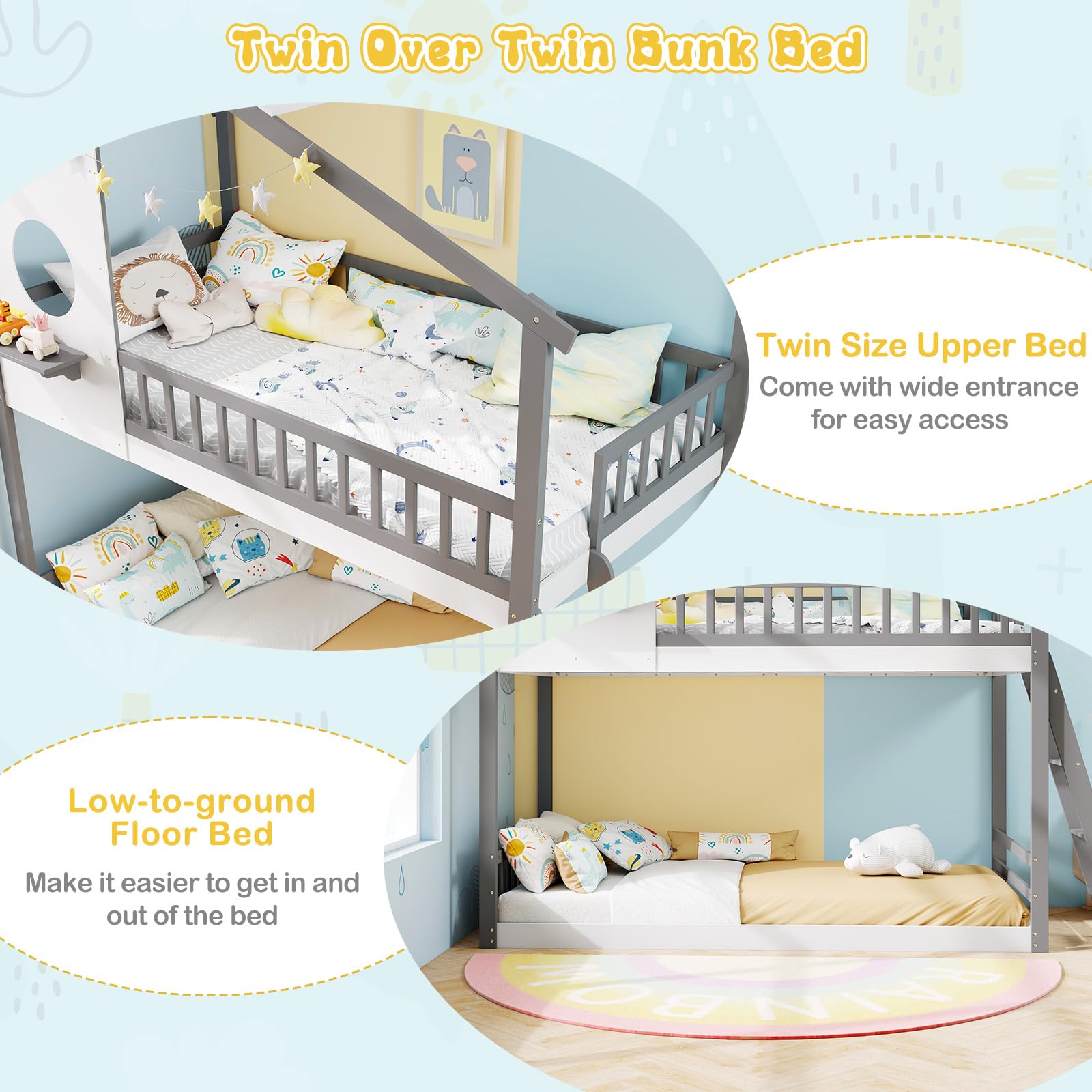 KOMFOTT Wood Twin Over Twin House Bunk Bed