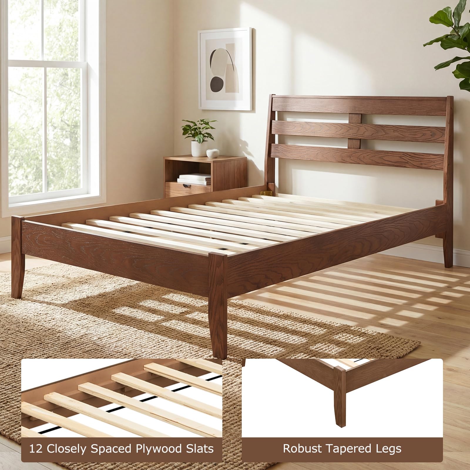 KOMFOTT Twin/Full/Queen Size Rubber Wood Bed Frame with Headboard