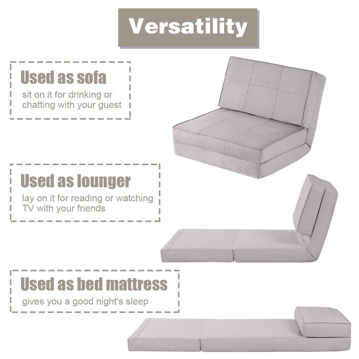 KOMFOTT 5-Position Adjustable Convertible Flip Chair, Sleeper Dorm Game Bed Couch Lounger Sofa Chair Mattress