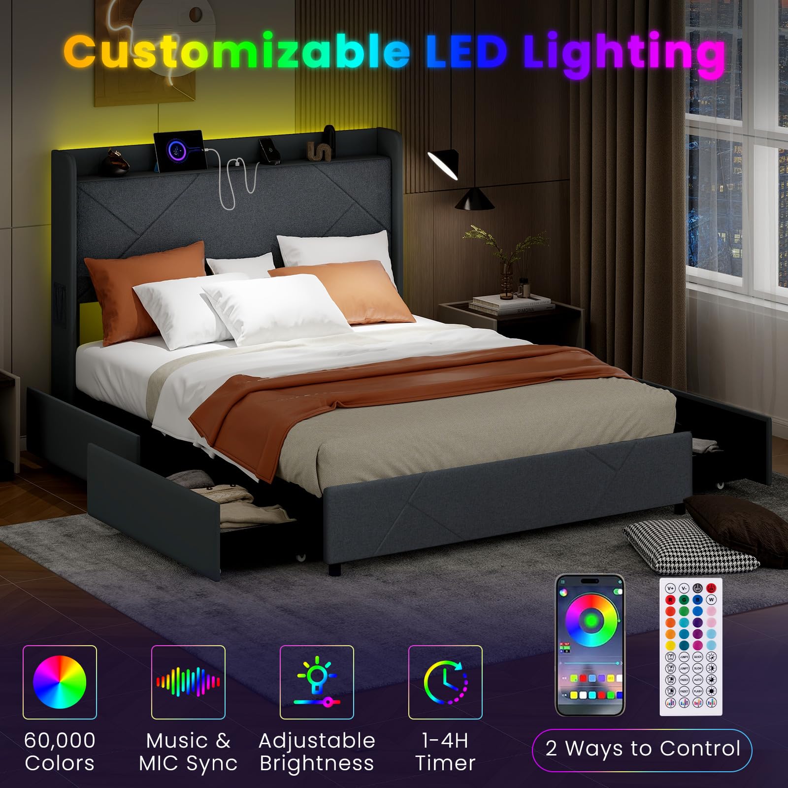 KOMFOTT Upholstered Bed Frame with 4 Storage Drawers & LED Lights, Wingback Headboard & Charging Station