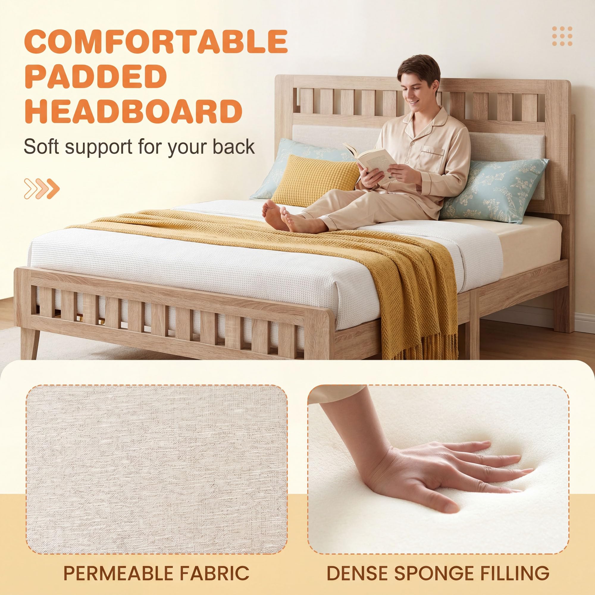 KOMFOTT Full/Twin/Queen Wood Bed Frame with Upholstered Headboard
