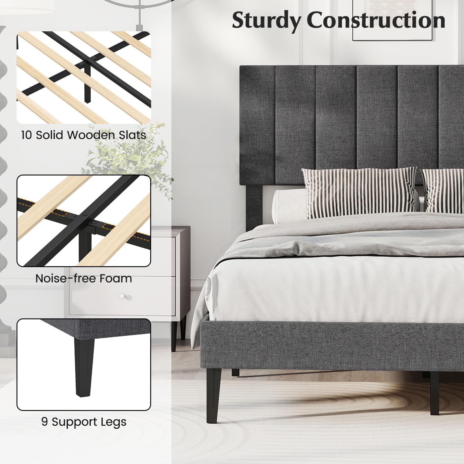Close-up of bed frame details including headboard upholstery and leg design, highlighting under-bed clearance and sturdy construction.