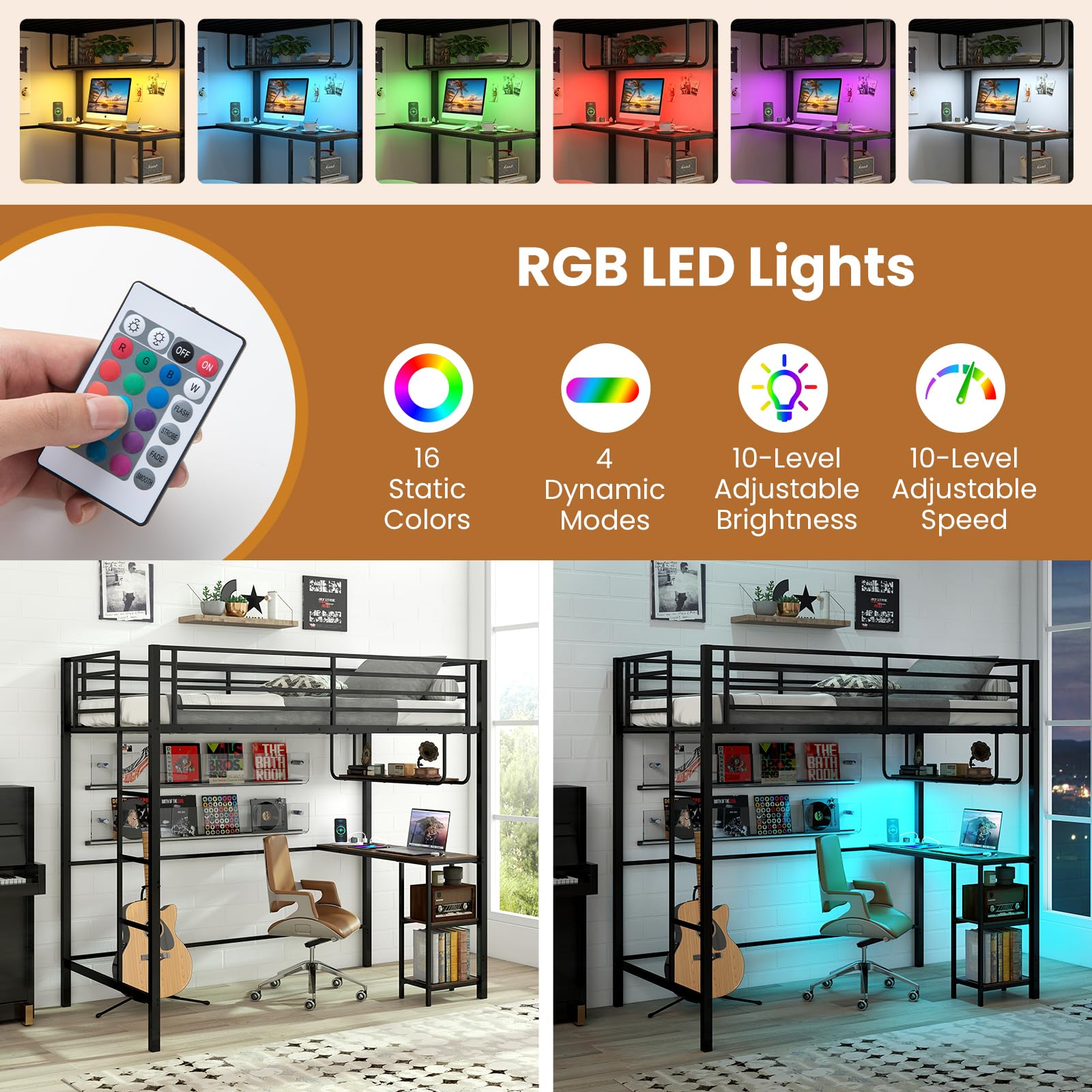KOMFOTT Twin Loft Bed with Desk LED Lights Charging Station