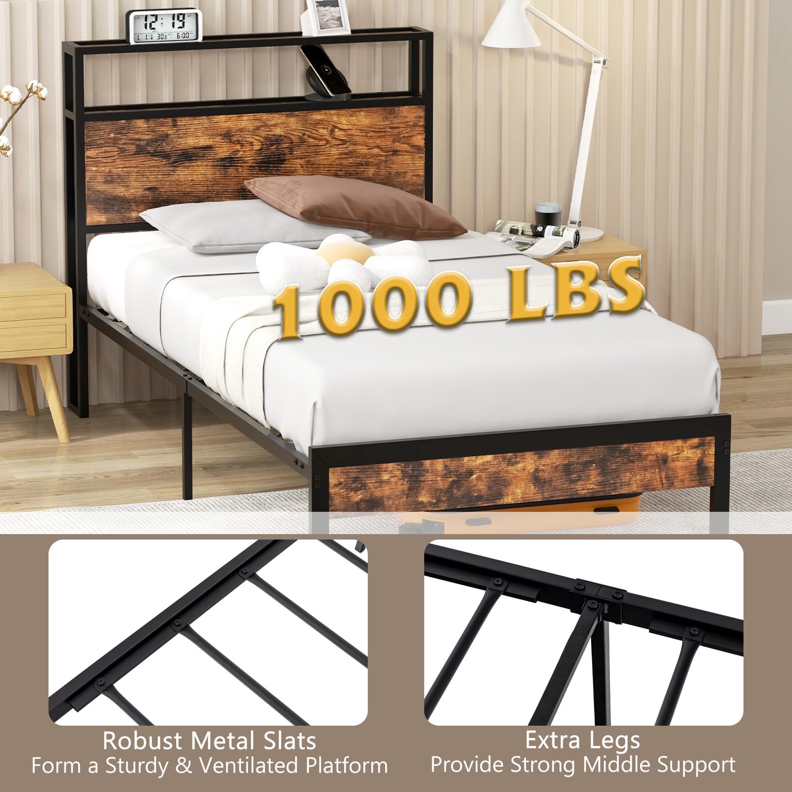 KOMFOTT Industrial Bed Frame with 2-Tier Storage Headboard & Charging Station