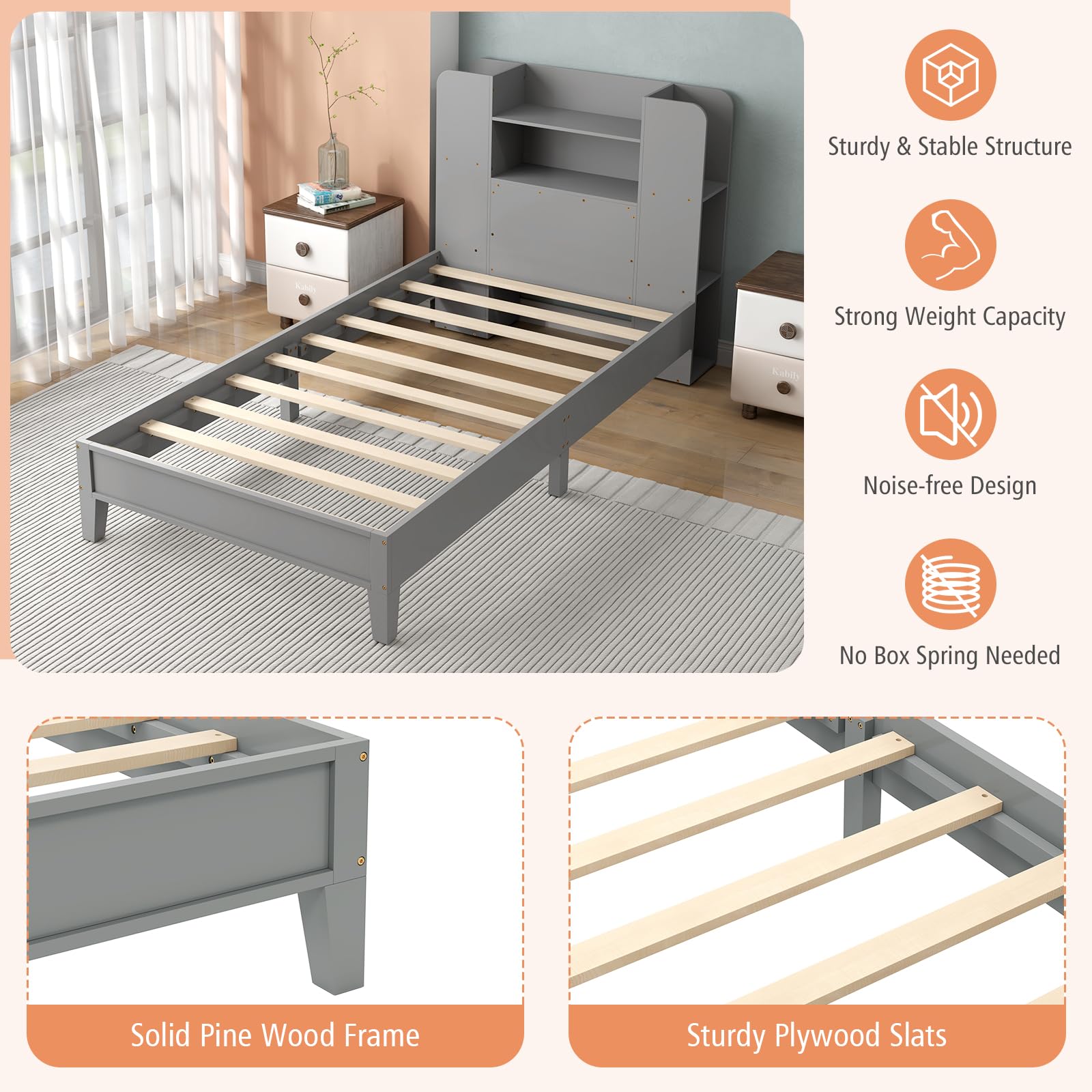 KOMFOTT Twin Wood Platform Bed Frame with Bookcase Headboard