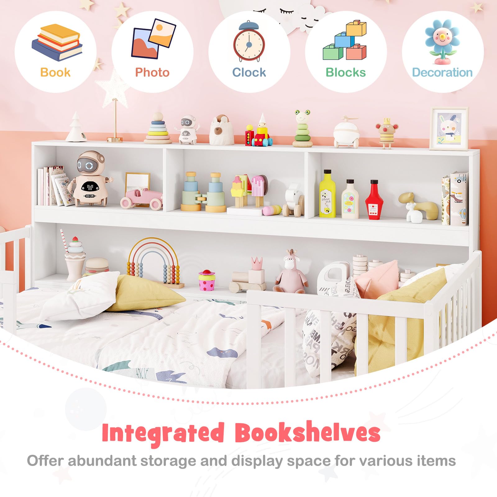 KOMFOTT Twin Floor Bed with Bookcase & Shelves