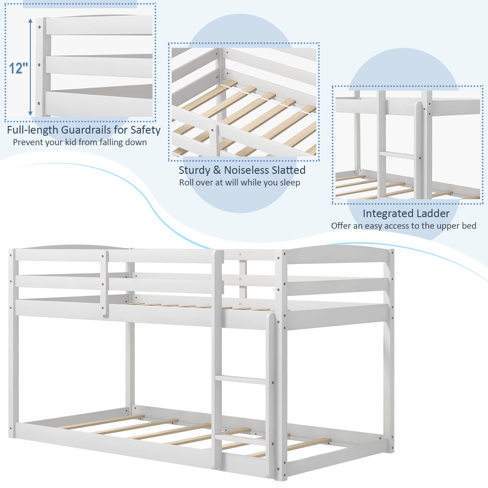 KOMFOTT Twin Over Twin Solid Wood Low Bunk Bed with Full Guardrails & Integrated Ladder