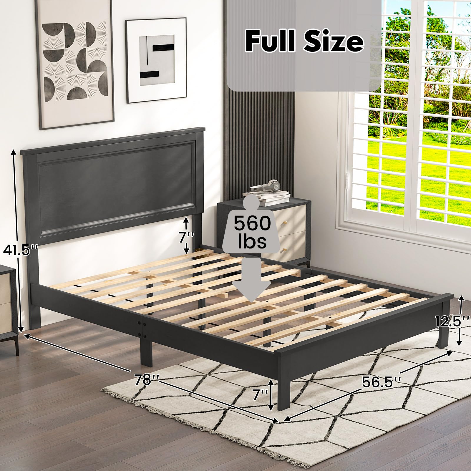 KOMFOTT Mid-Century Modern Platform Bed with Headboard, Solid Wood Legs