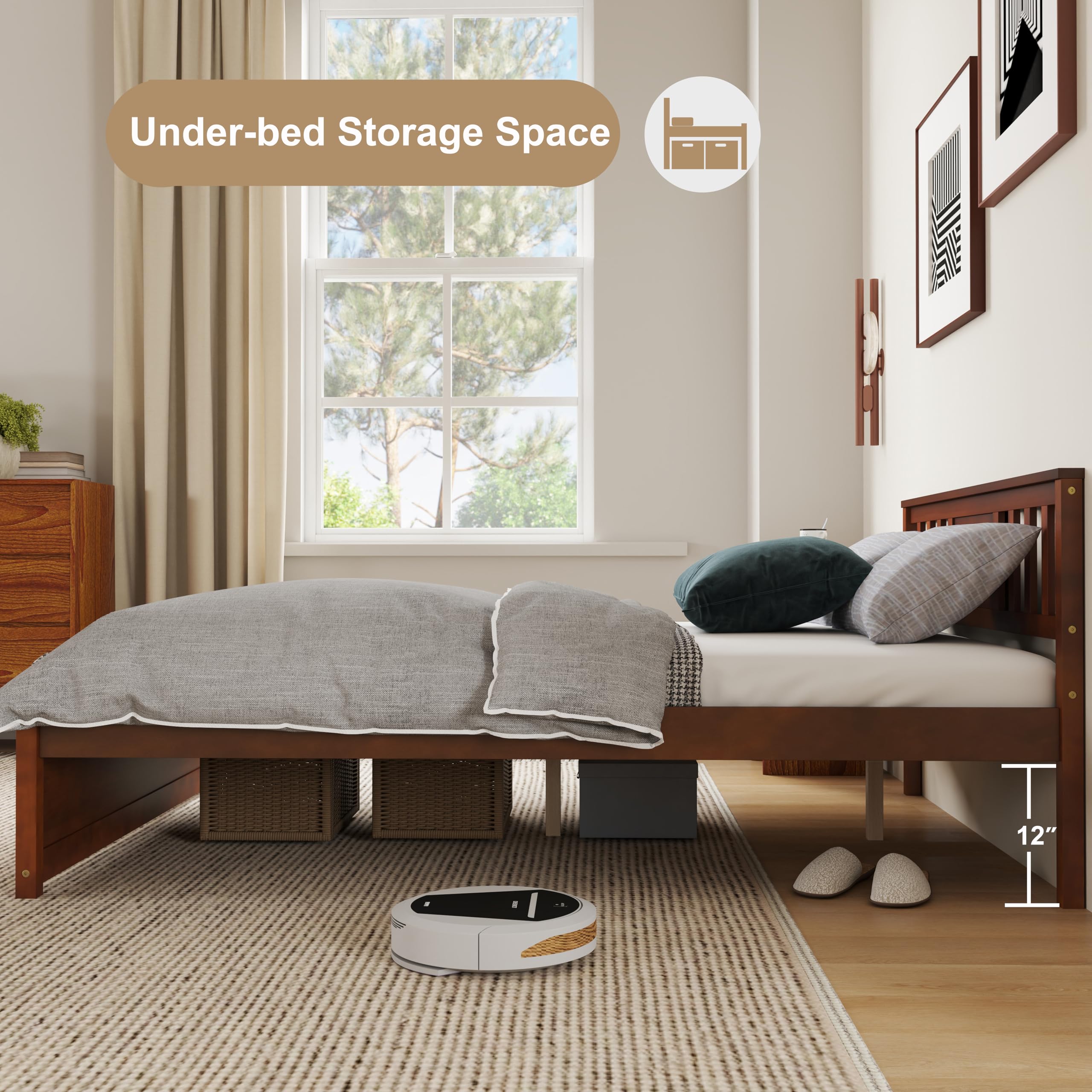 KOMFOTT Twin/Full/Queen Size Wood Platform Bed Frame with Headboard