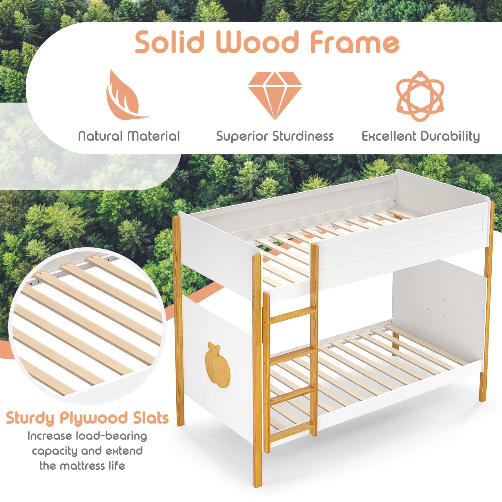 KOMFOTT Twin Over Twin Bunk Bed Solid Wood Bunk Bed Frame