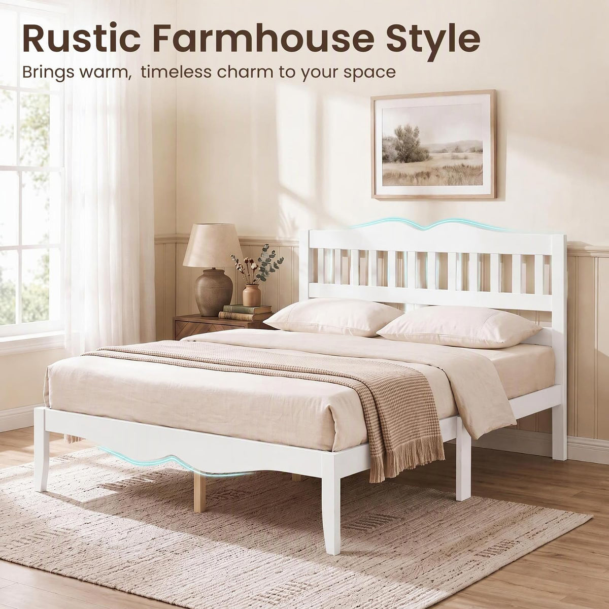 KOMFOTT Full/Queen  Size Bed Frame Farmhouse Wooden Bed with Slatted Headboard(Curved Slatted Headboard)