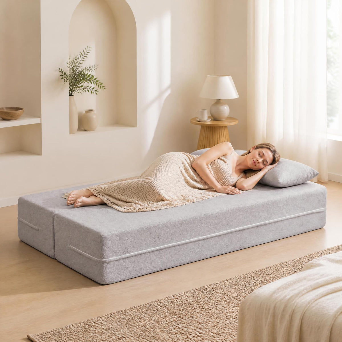 KOMFOTT 2-in-1 Folding Sofa Bed Convertible Loveseat Sofa in Teddy Fleece