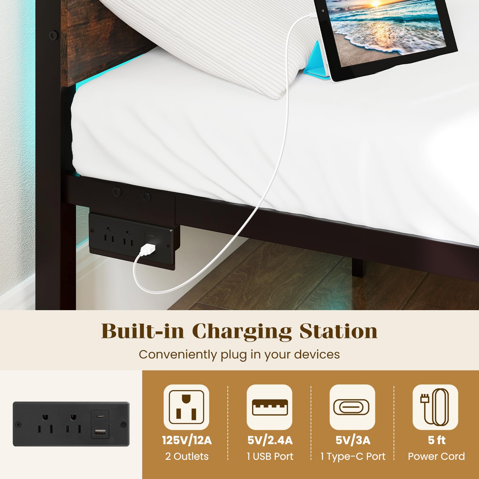 KOMFOTT Full Metal Bed Frame with Headboard & Charging Station