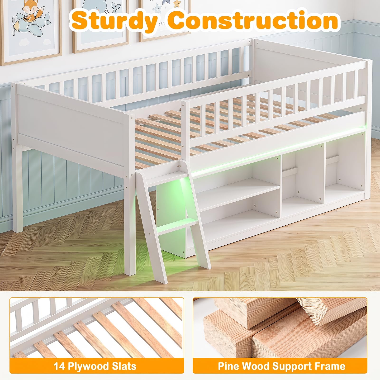KOMFOTT Twin Size Low Loft Bed with LED Lights & Storage Bookcase(without Chalkboard)