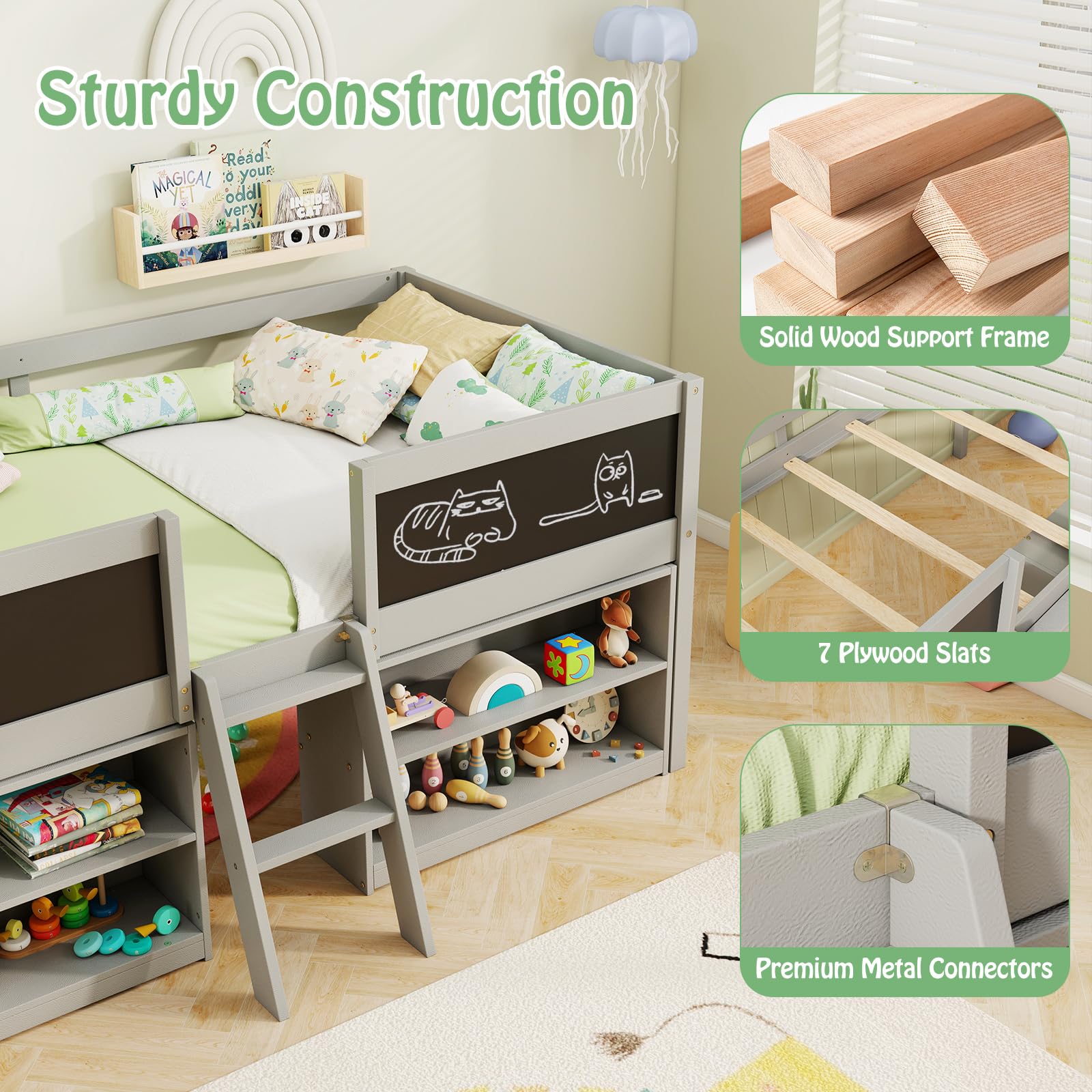 KOMFOTT Twin Size Low Loft Bed Kids Loft Bed Frame