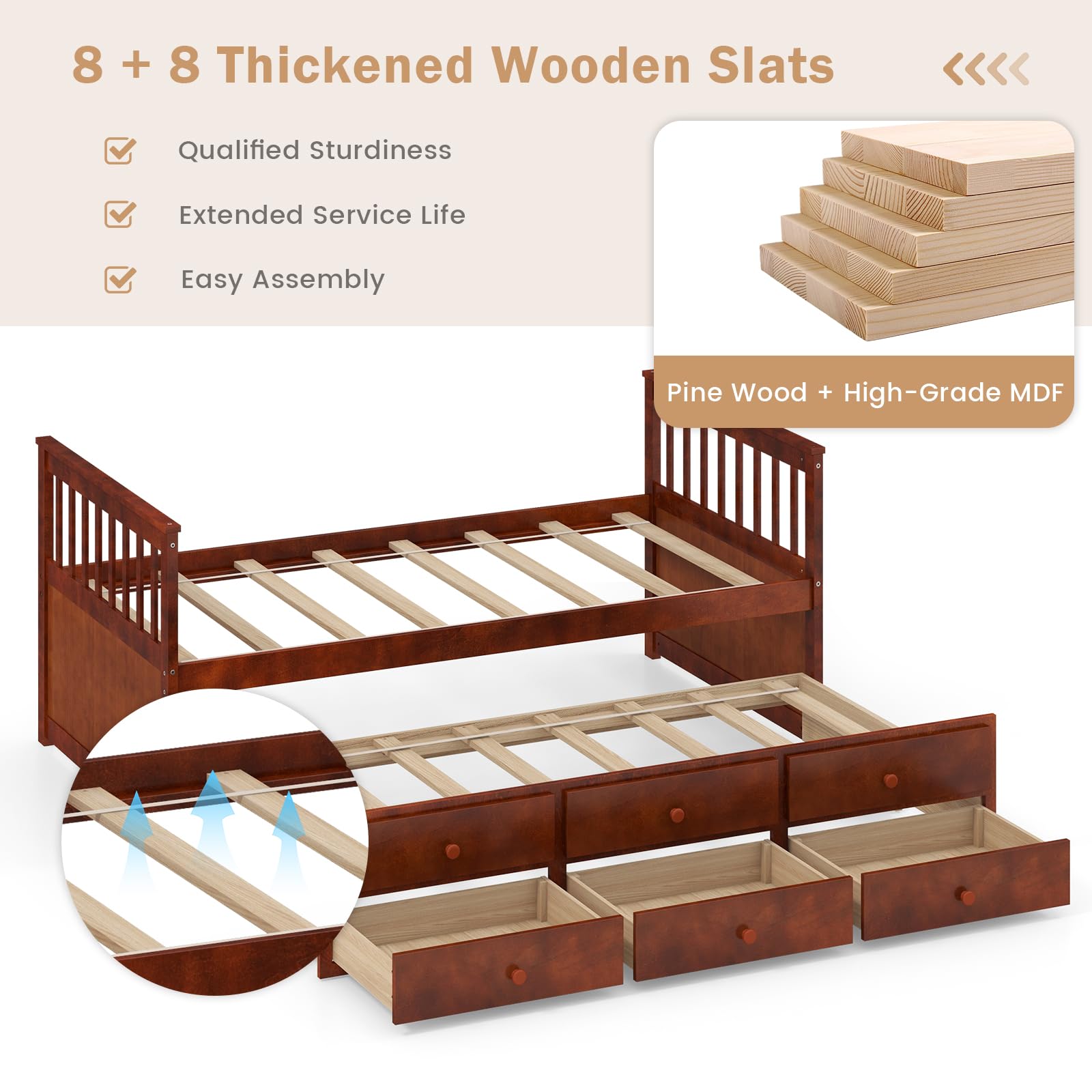 KOMFOTT Twin Captain’s Bed with Trundle Bed, Wood Storage Daybed with 3 Storage Drawers