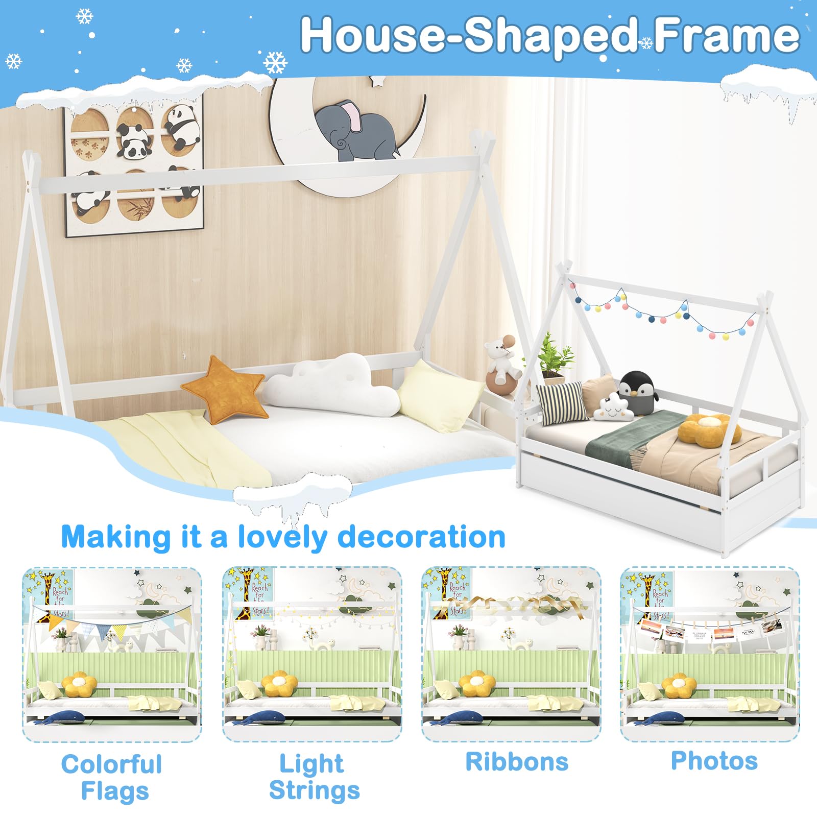 KOMFOTT Twin Size Wood House Bed with Trundle