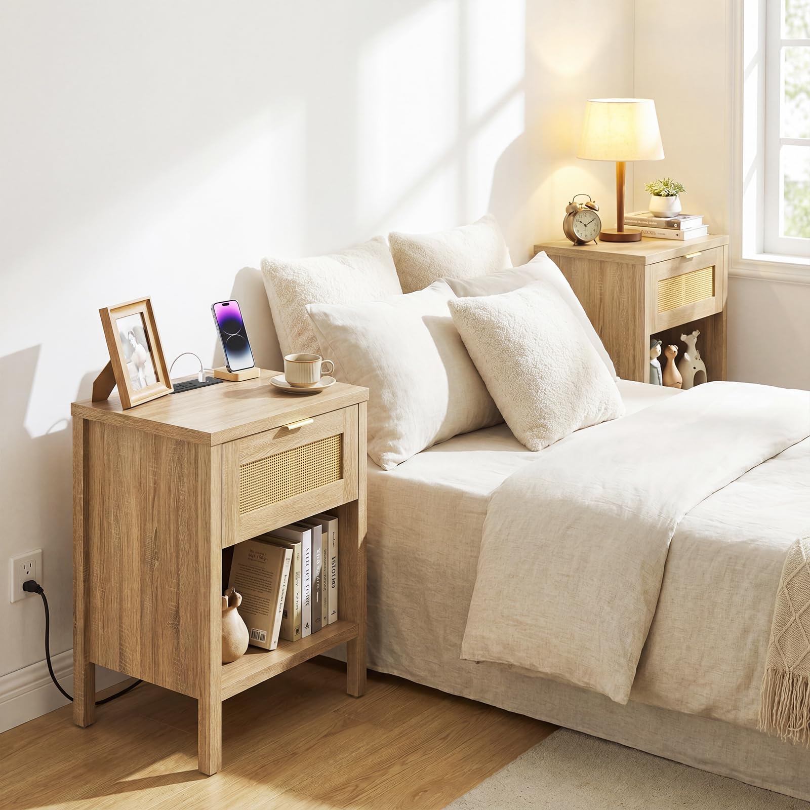 KOMFOTT Rattan Nightstand with Charging Station