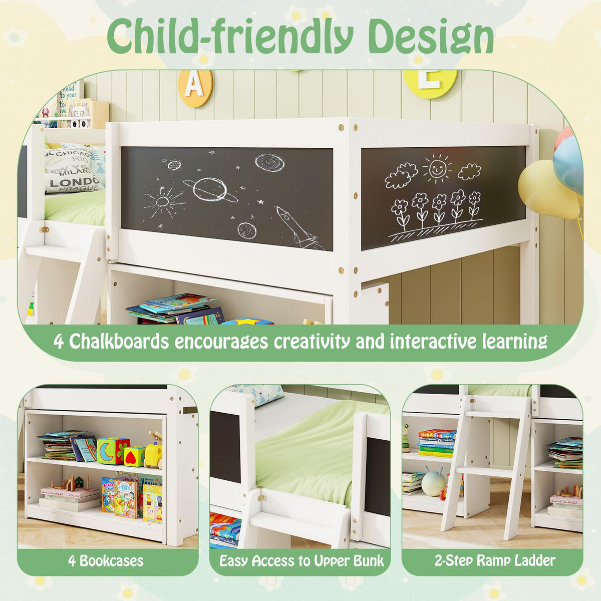 KOMFOTT Twin Size Low Loft Bed with Movable Storage Shelves, Chalkboard & Ladder