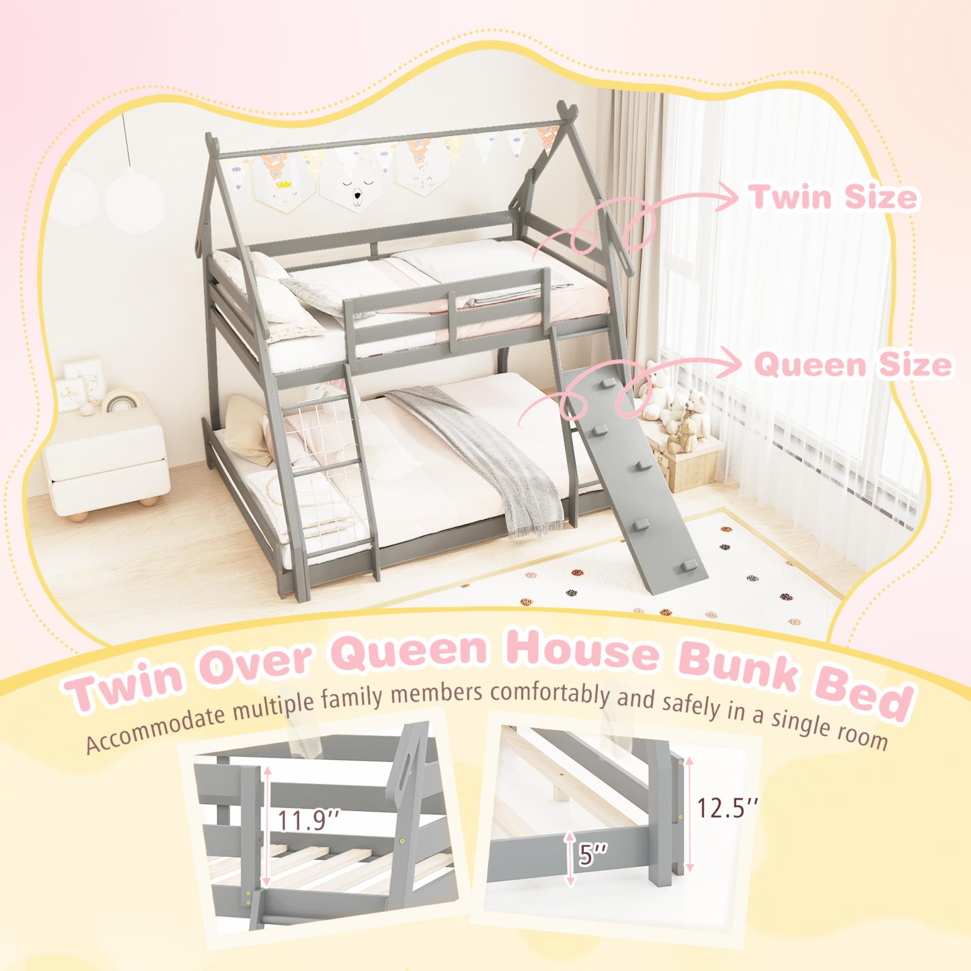 KOMFOTT Wood Twin Over Queen House Bunk Bed