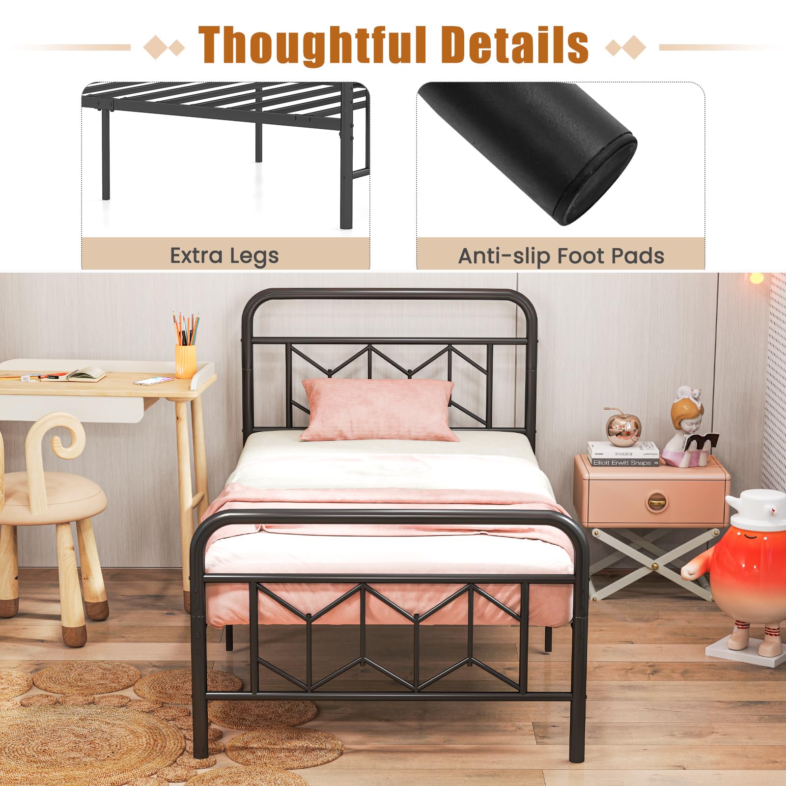 KOMFOTT Metal Bed Frame with Headboard & Footboard Heavy Duty Platform Bed