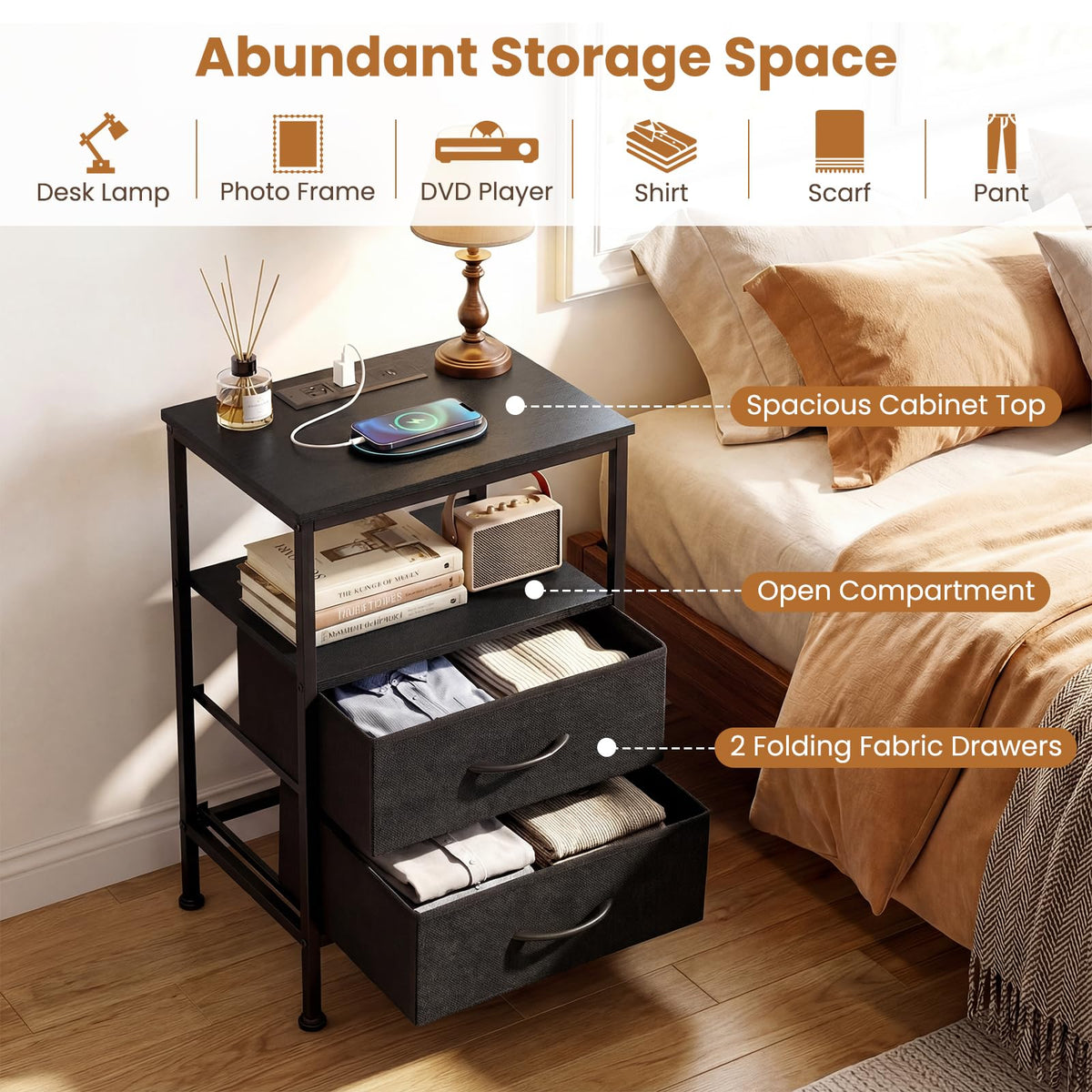 KOMFOTT 1/2 Nightstands with Charging Station 24.5" Modern Bedside Table(2 Drawers)