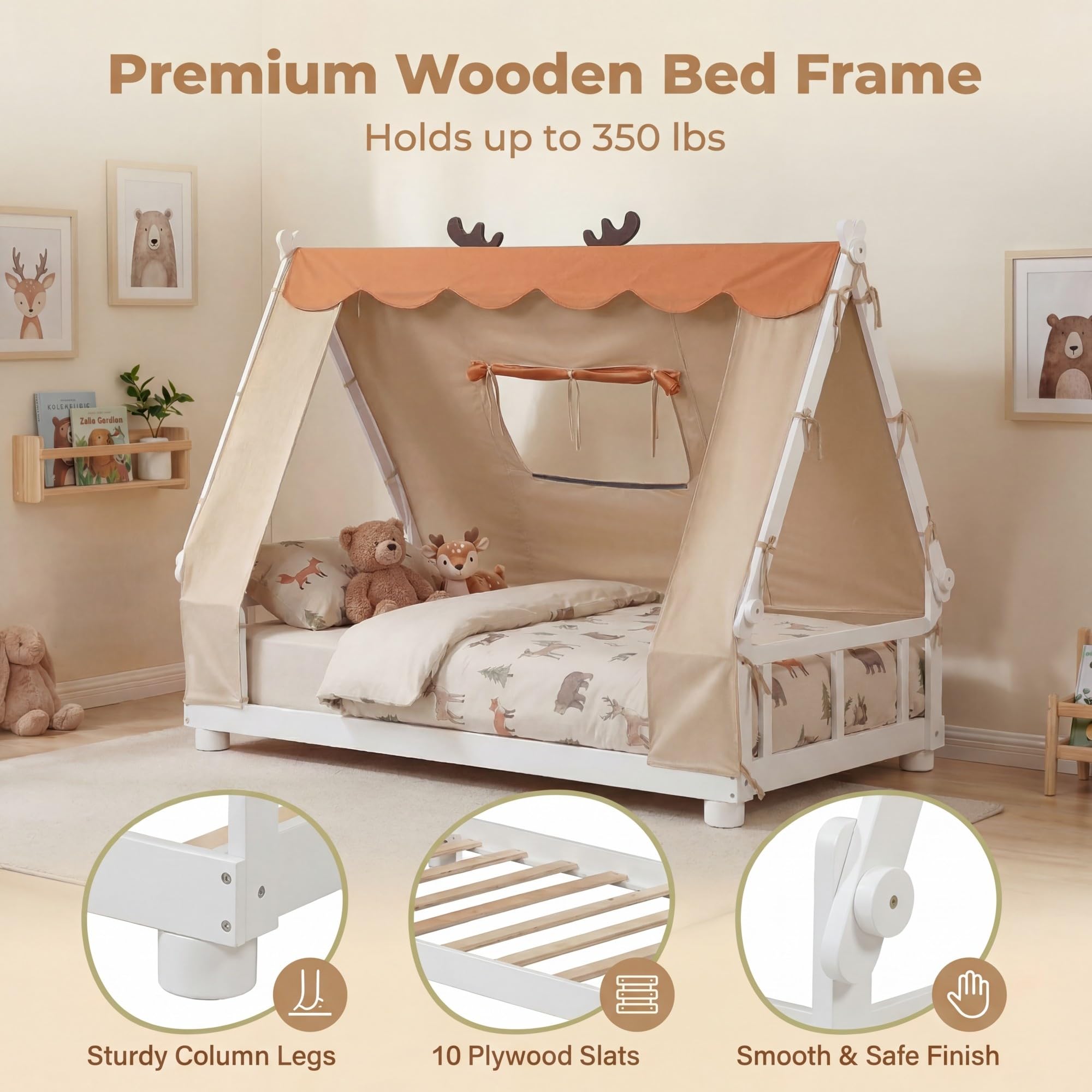 KOMFOTT Twin Floor House Bed with Tent Wood Bed Frame