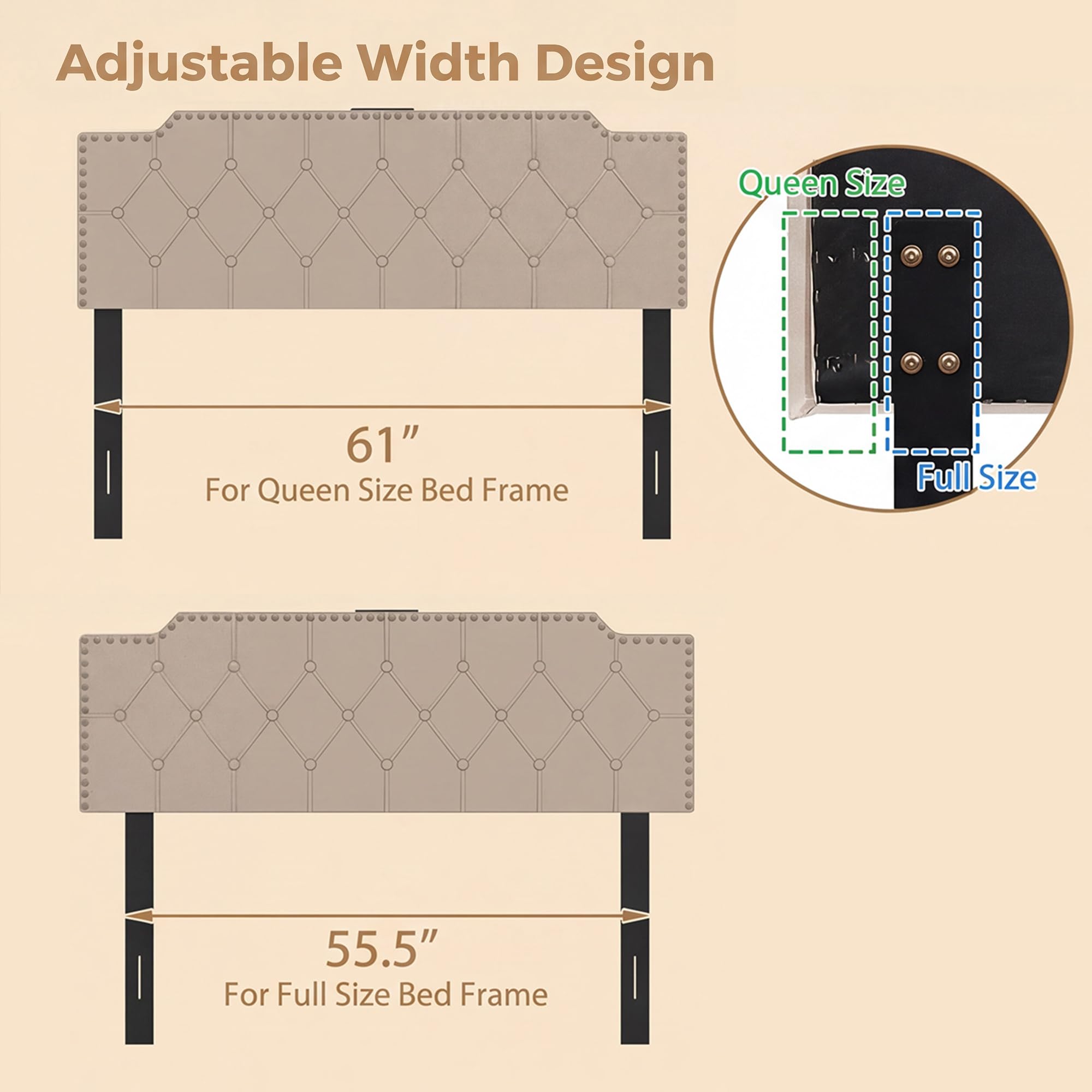 KOMFOTT Riveted Upholstered Headboard with Charging Station for Full & Queen Size Bed Frame