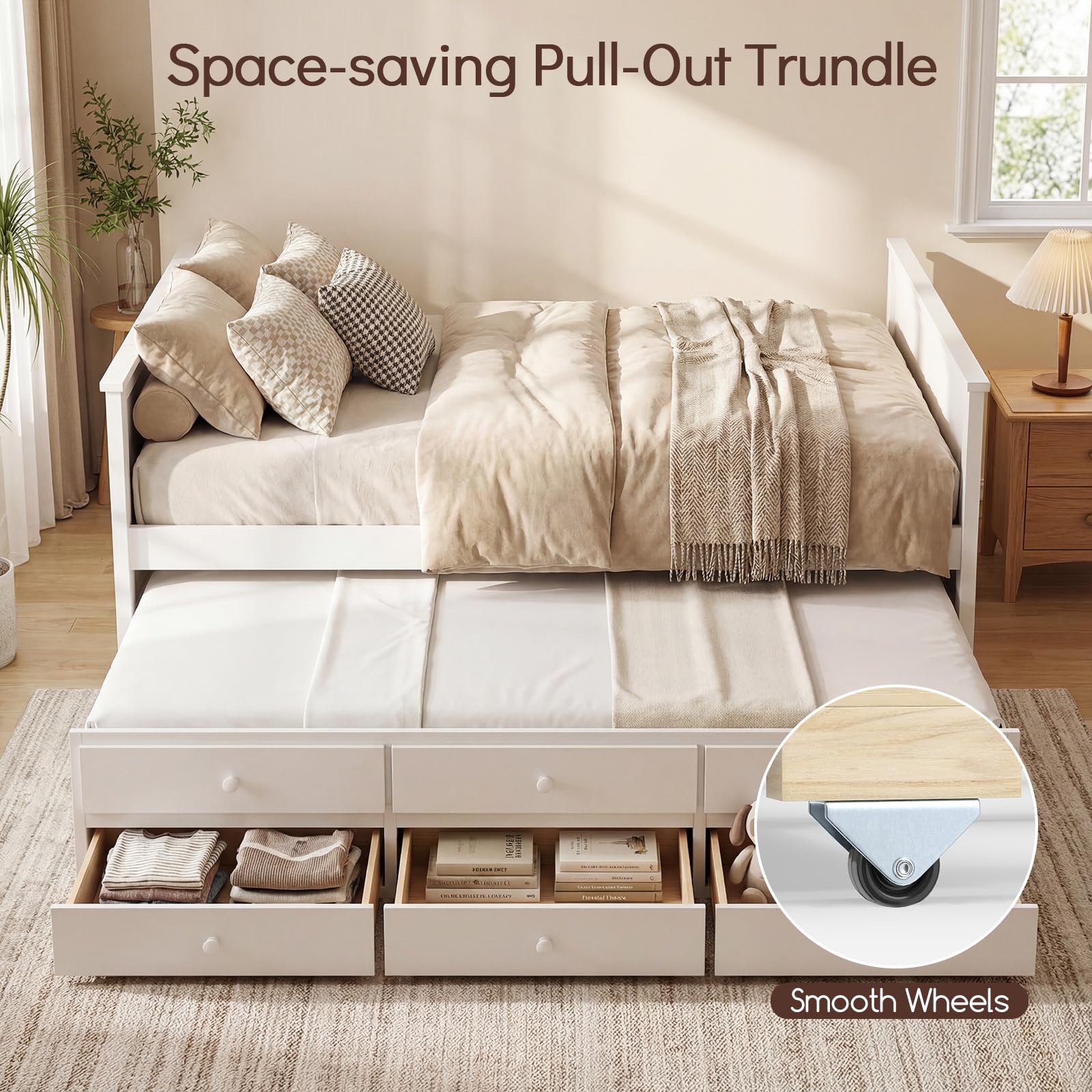 KOMFOTT Wood Full Trundle Bed with 3 Storage Drawers