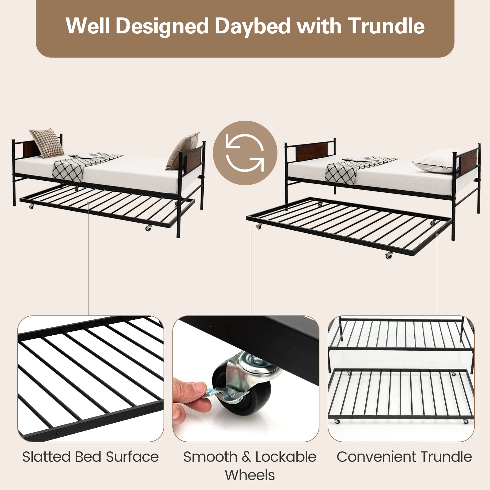 KOMFOTT Twin Metal Daybed with Trundle（Black）