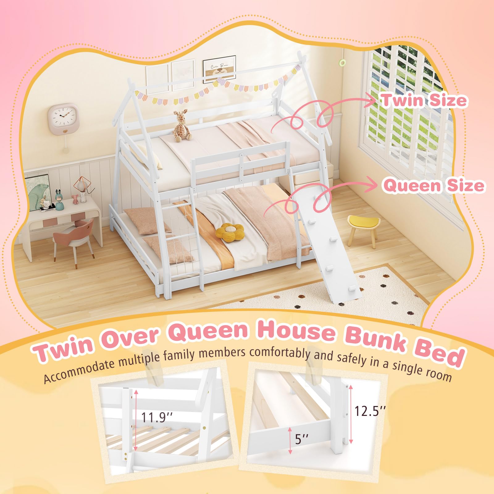 KOMFOTT Wood Twin Over Queen House Bunk Bed with Climbing Nets & Ramp