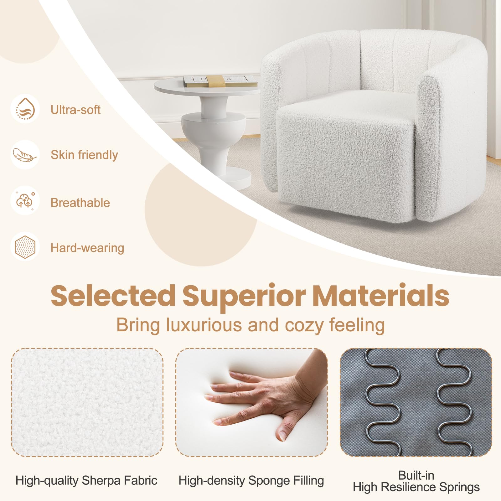 KOMFOTT Swivel Barrel Chair Sherpa Fabric Accent Chair