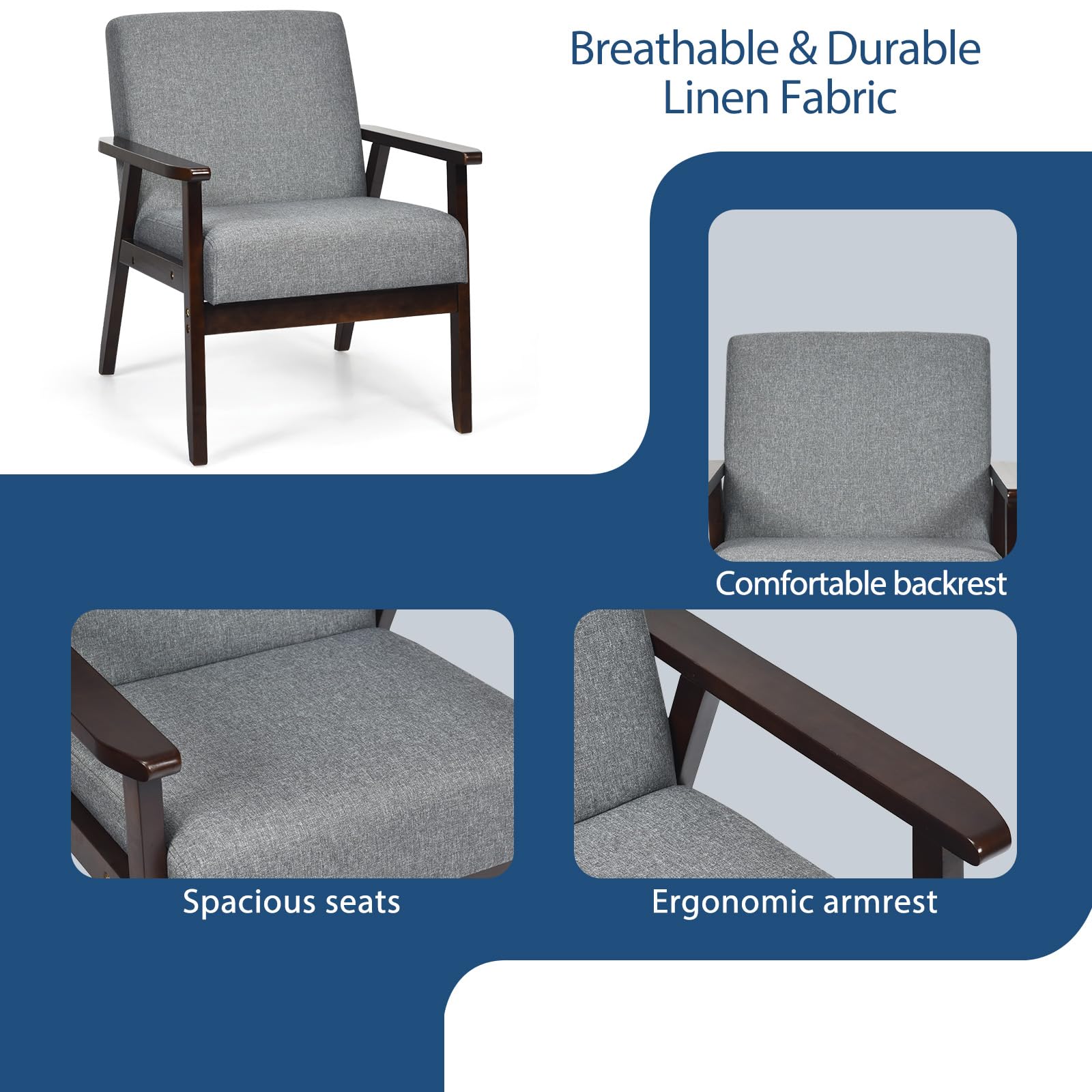 KOMFOTT Armrest Accent Chair, Upholstered Linen Fabric Lounge Chair with Rubber Wood Legs, Comfortable Backrest