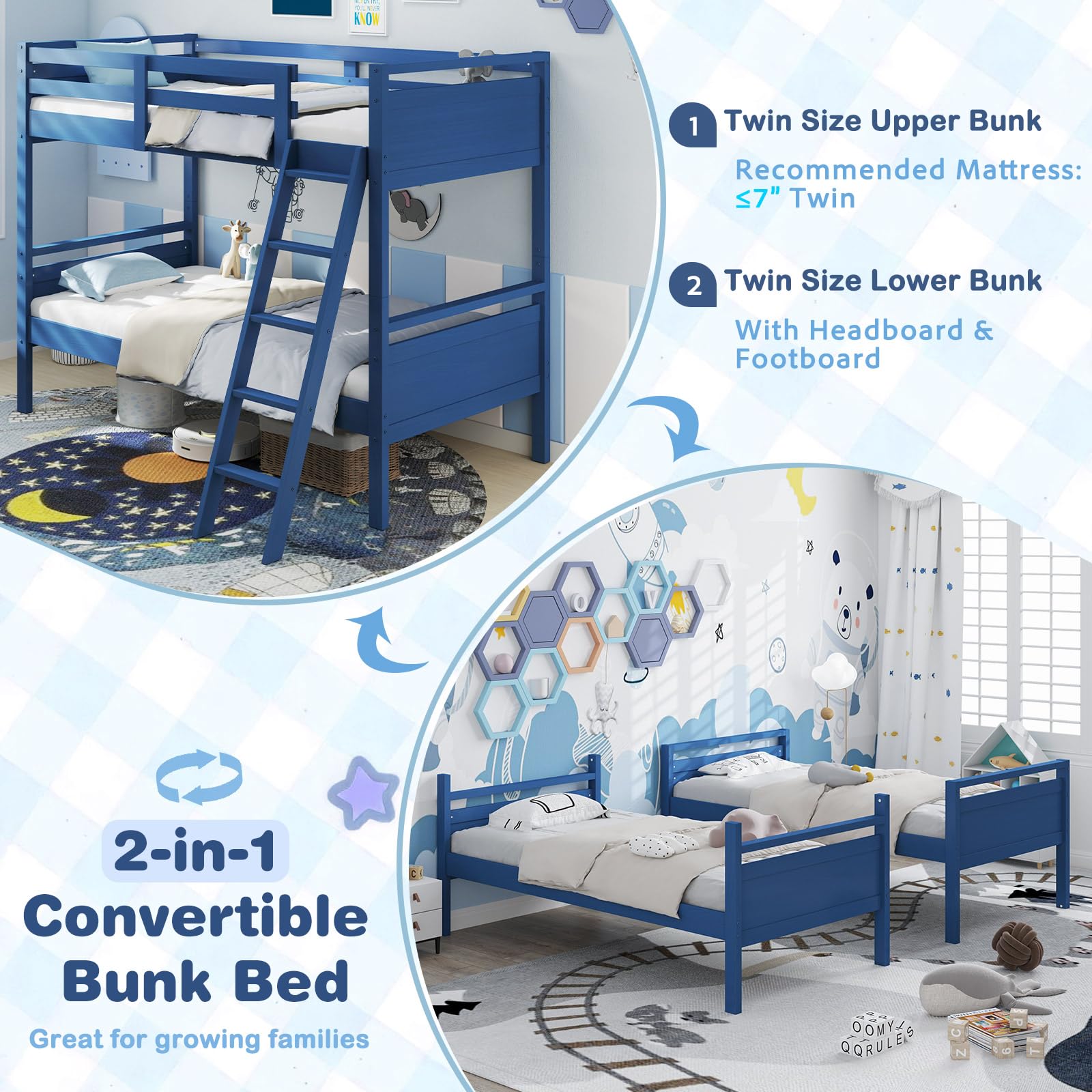KOMFOTT Twin-Over-Twin Wood Bunk Bed, Multifunction Convertible 2 Individual Beds