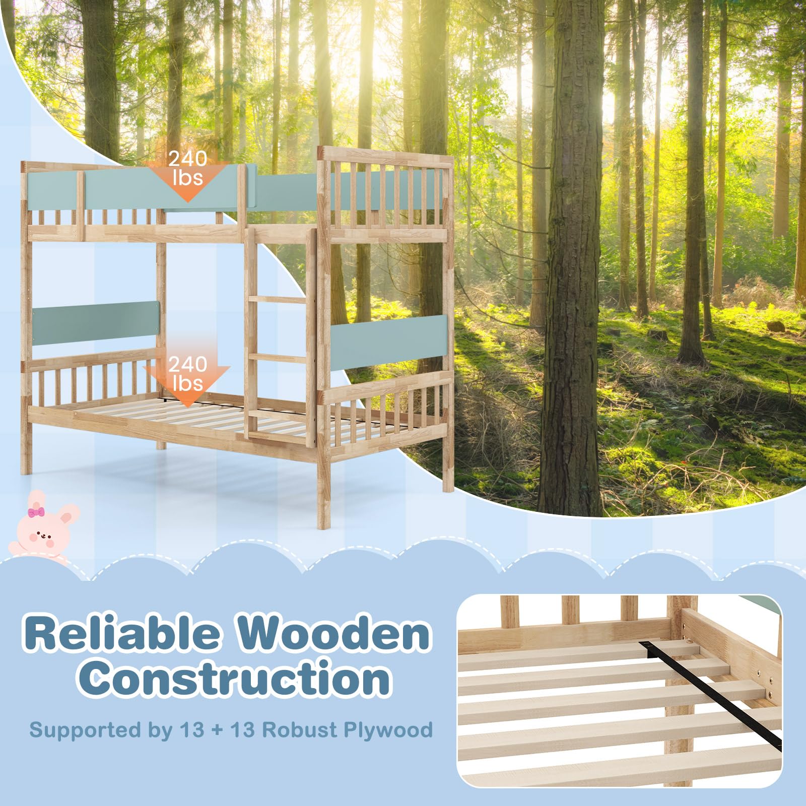 KOMFOTT Convertible Wood Twin Over Twin Bunk Bed
