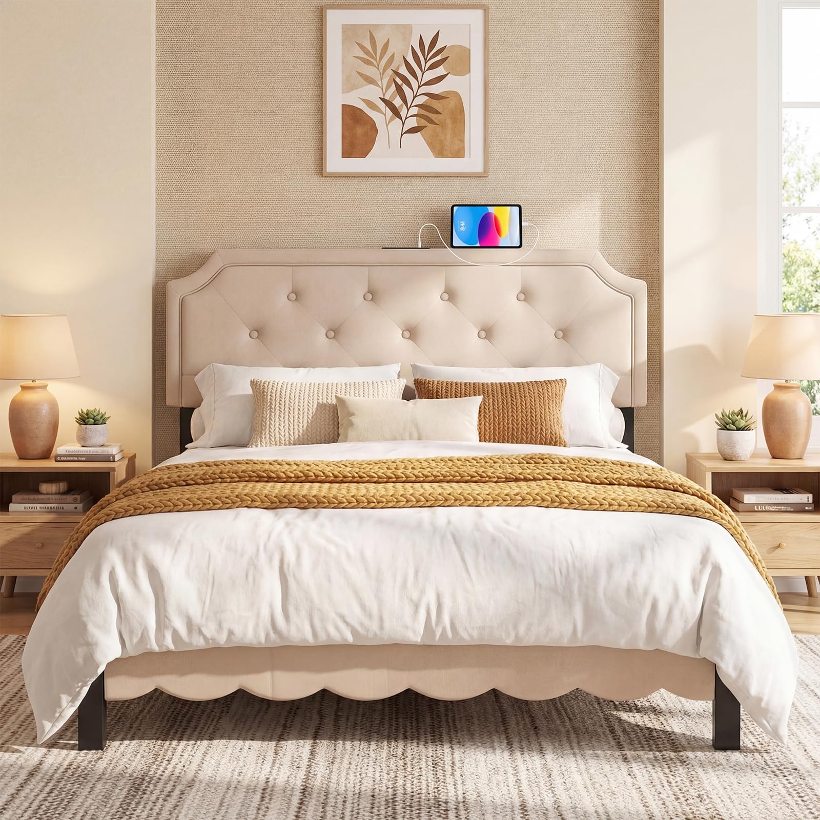 KOMFOTT Upholstered Headboard with Charging Station for Full & Queen Size Bed Frame