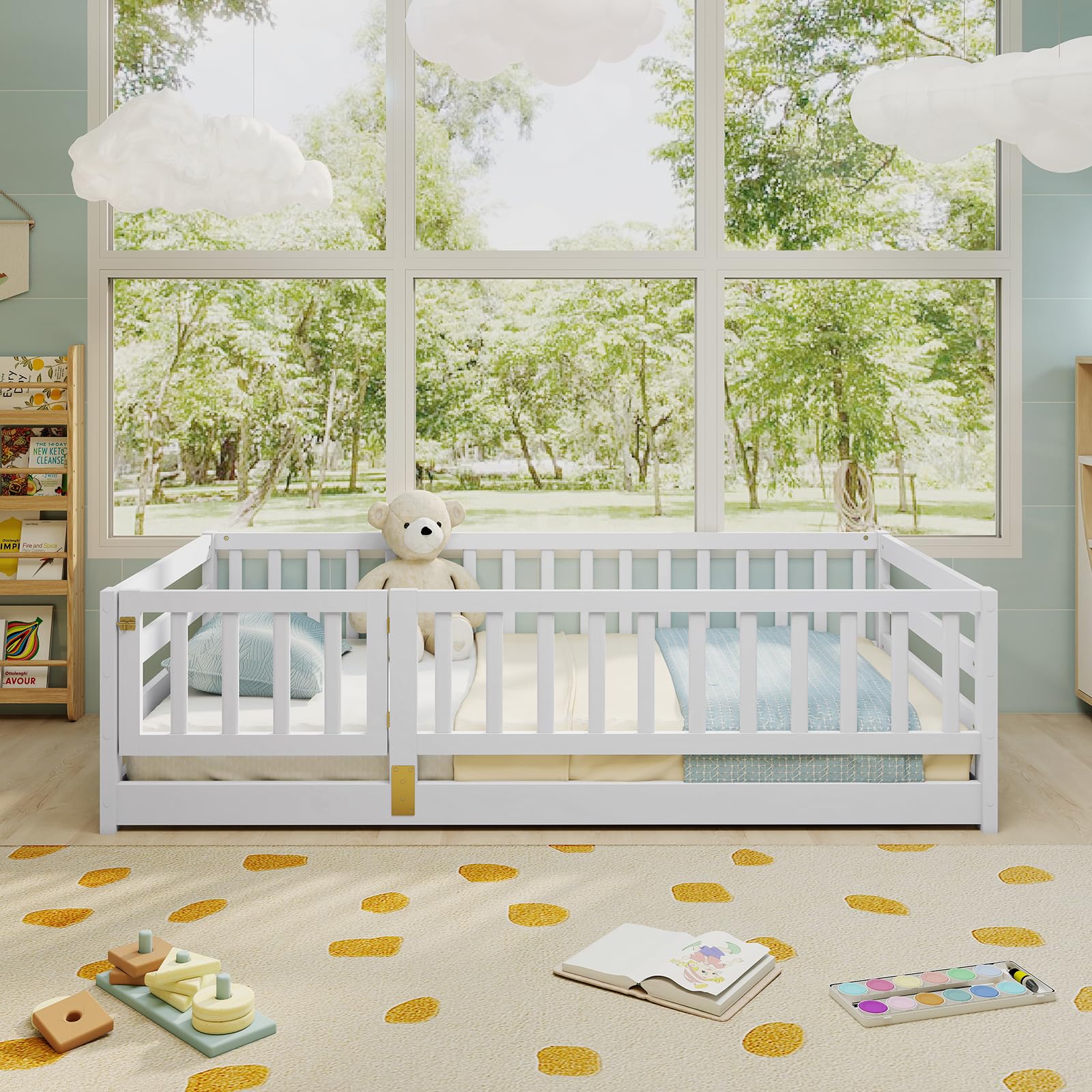 KOMFOTT Twin Size Wood Floor Bed with Door & 21.5” Fence