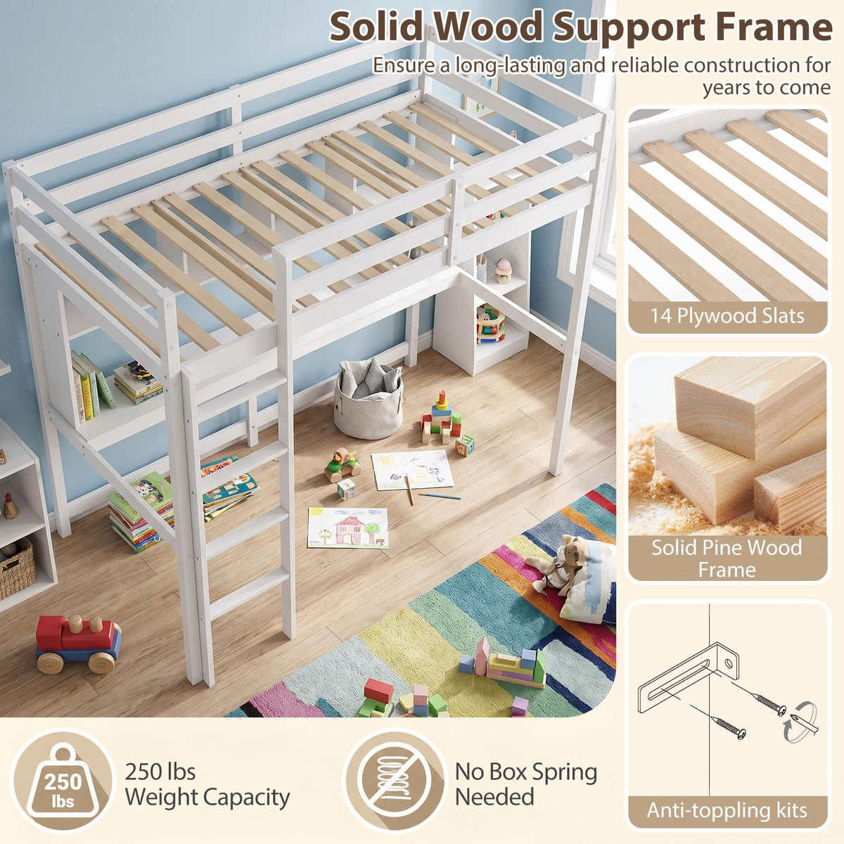 KOMFOTT Loft Bed with Desk & Bookcase Twin Bed Frame ( White )