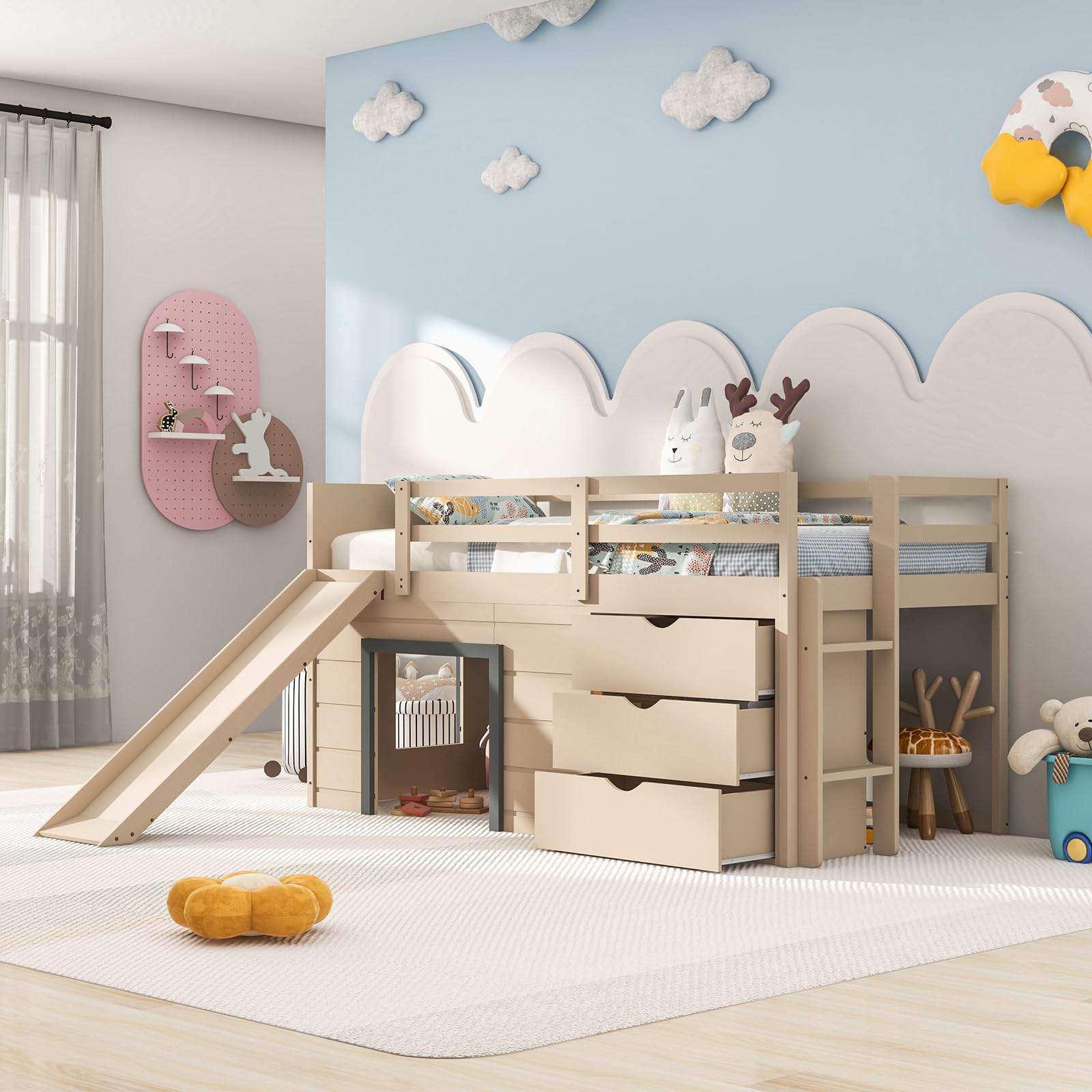 KOMFOTT Twin Low Loft Bed with 3 Storage Drawers & Underneath House