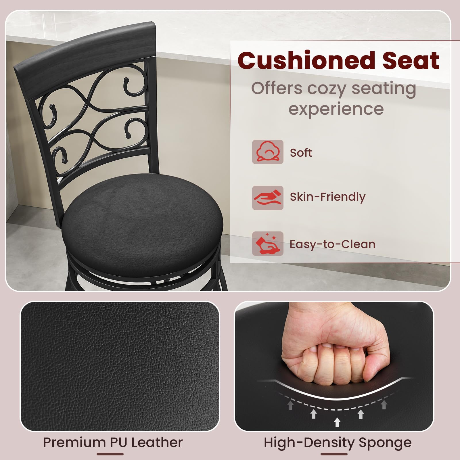 KOMFOTT Swivel Bar Stools Set of 2/4, Counter Height Bar Stools with Back, Upholstered PU Leather Seat, Footrest